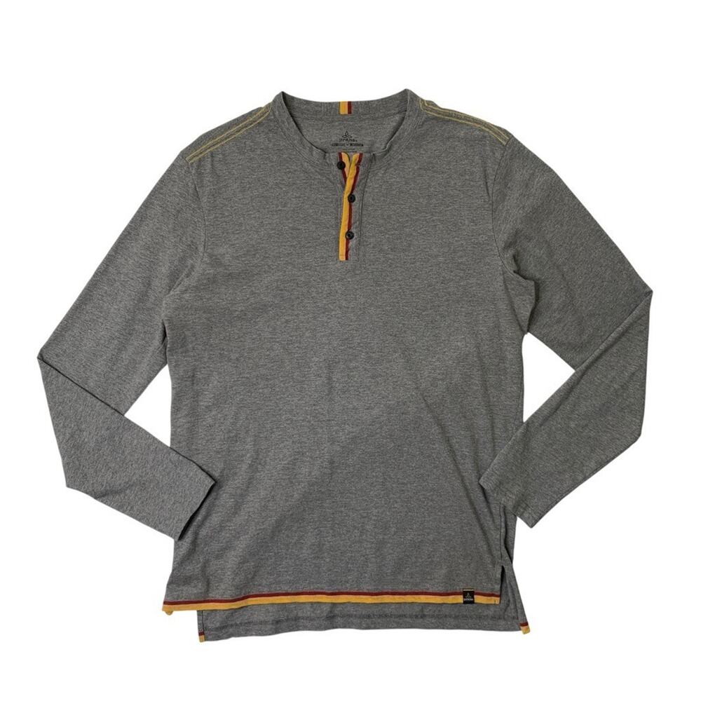 Prana Shirt Mens M Medium Grey Henley Long Sleeve High Low Hem Contrast Trim